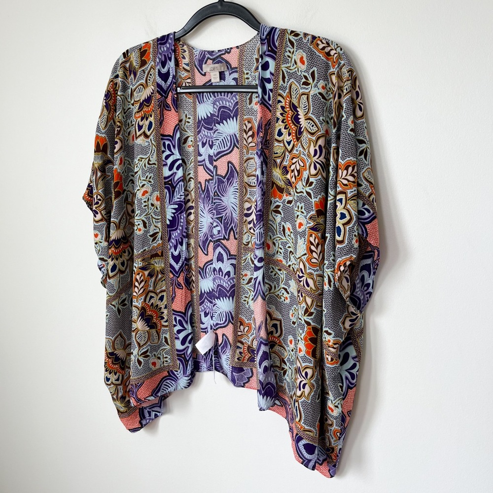 LOFT Boho Paisley Floral Open Front Kimono Top Womens XS Small Purple Orange - Picture 2 of 9